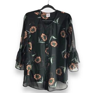 Cabi 5206 Size Small La Di Da Floral Bell Sleeve Boho Blouse Top Sheer Flowy‎